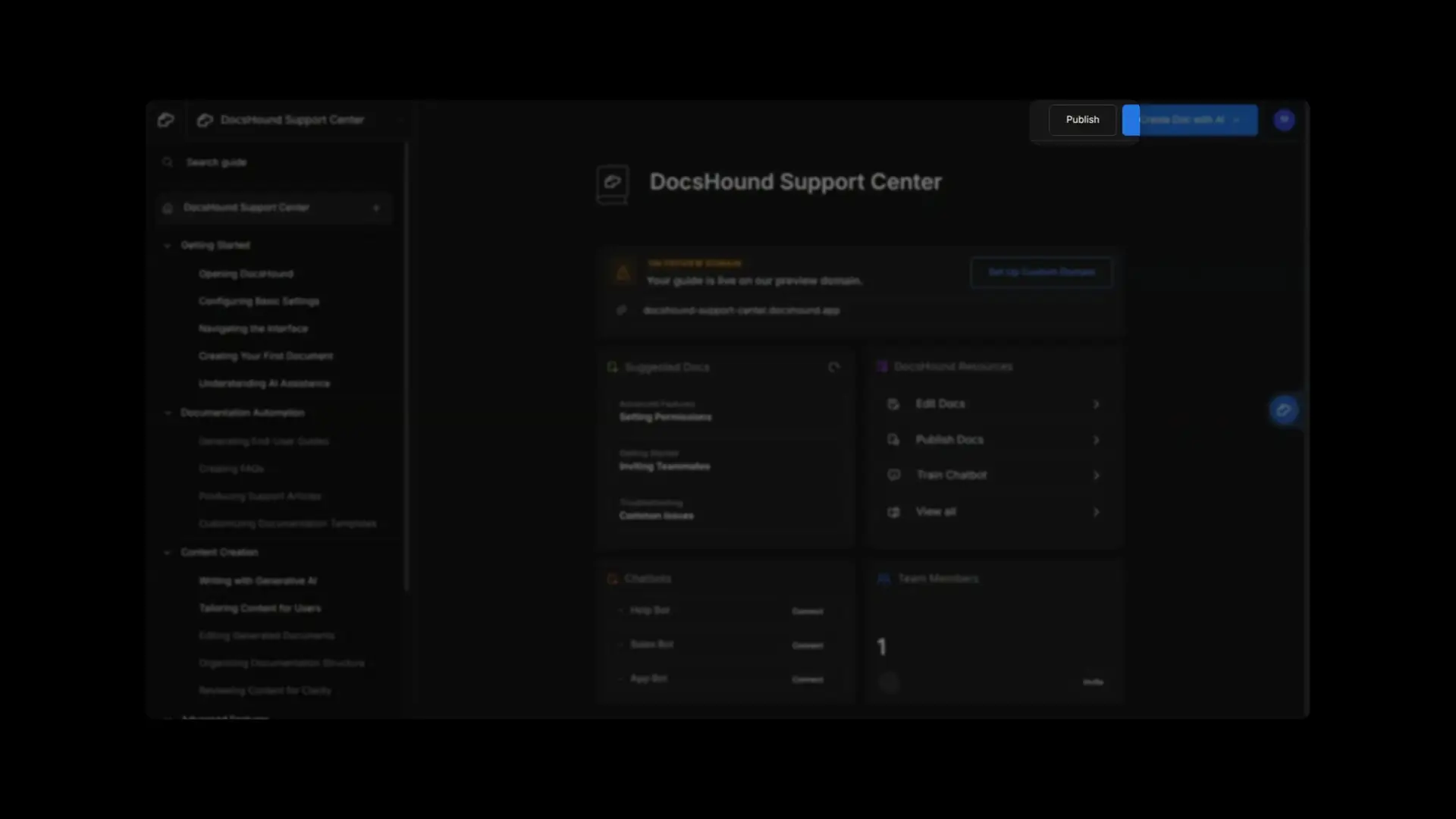DocsHound Support Center interface with navigation menu, live guide notification, suggested docs, resources, chatbots, and team members sections.