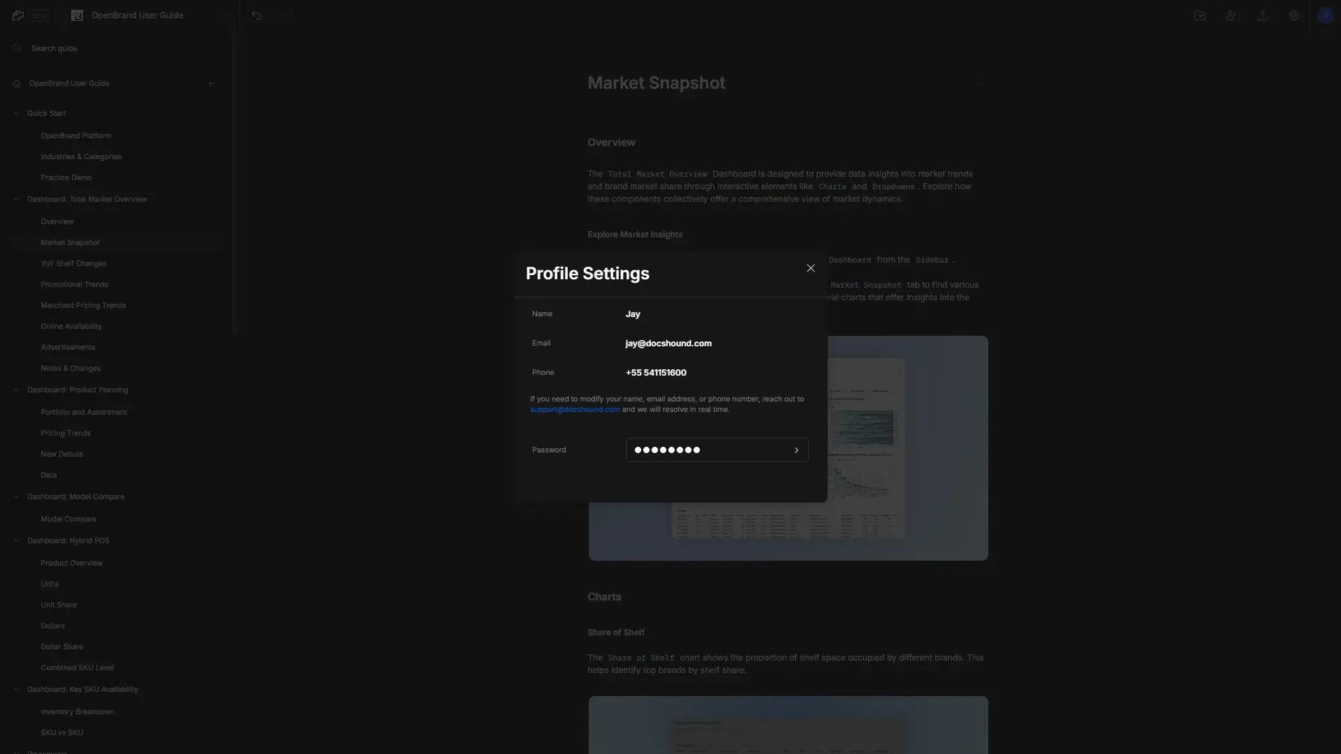 DocsHound Profile Settings window for changing password and profile settings on the Market Snapshot page.