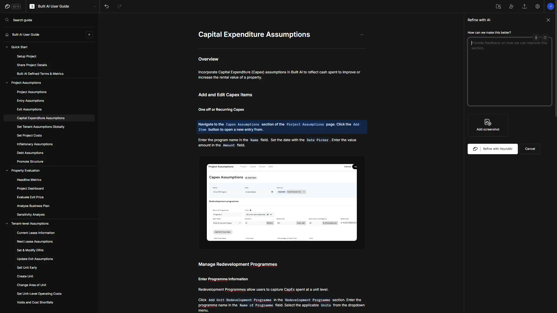 DocsHound Capital Expenditure Assumptions page with navigation and AI refinement tools.