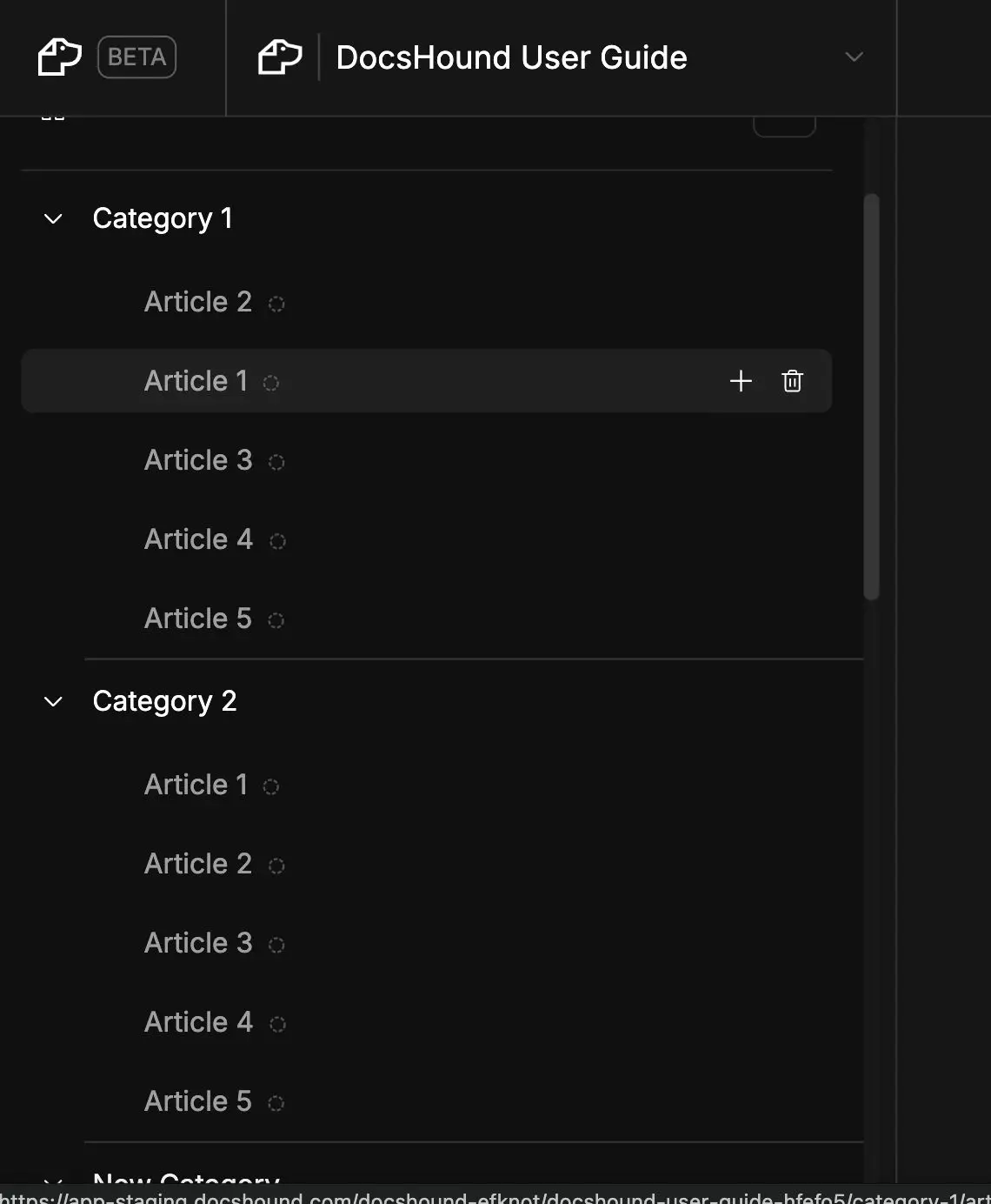 DocsHound User Guide Table of Contents sidebar showing categories and articles.