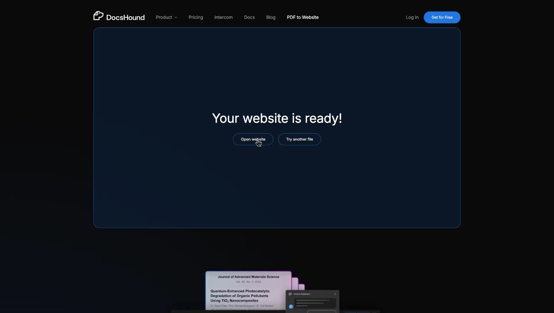 DocsHound interface showing website readiness confirmation with options to open the website or try another file.