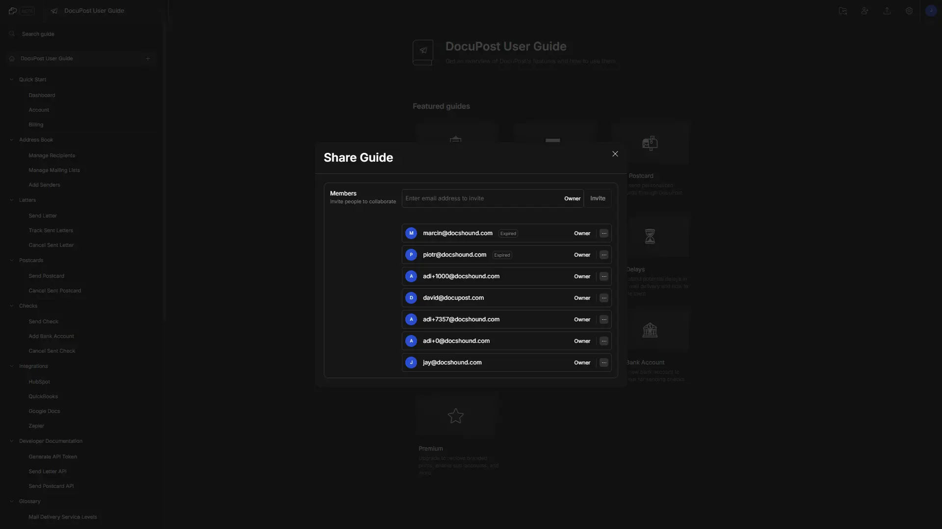 DocsHound Share Guide settings window with member invitation and management options.