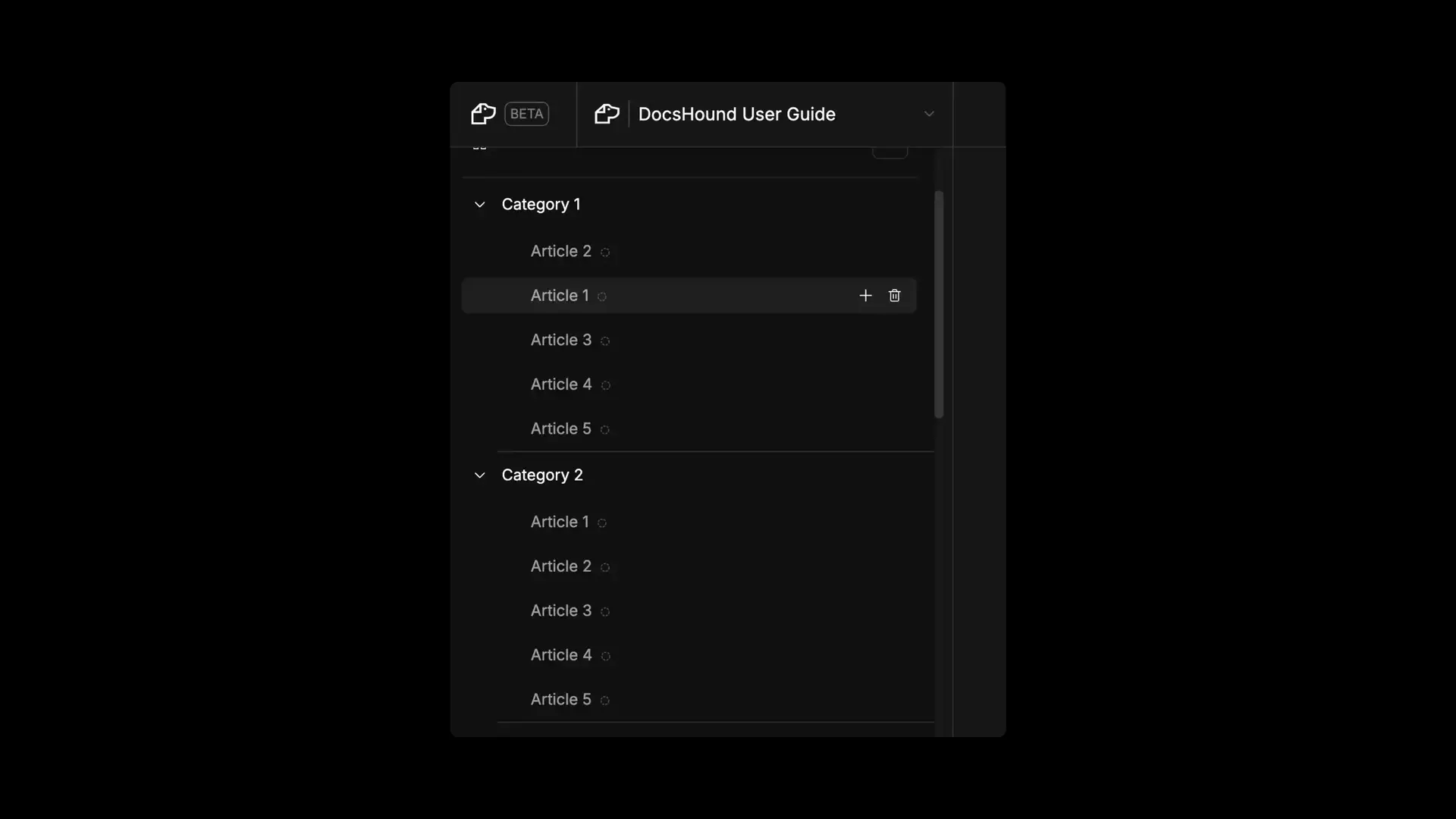 DocsHound User Guide Table of Contents showing categories and articles.