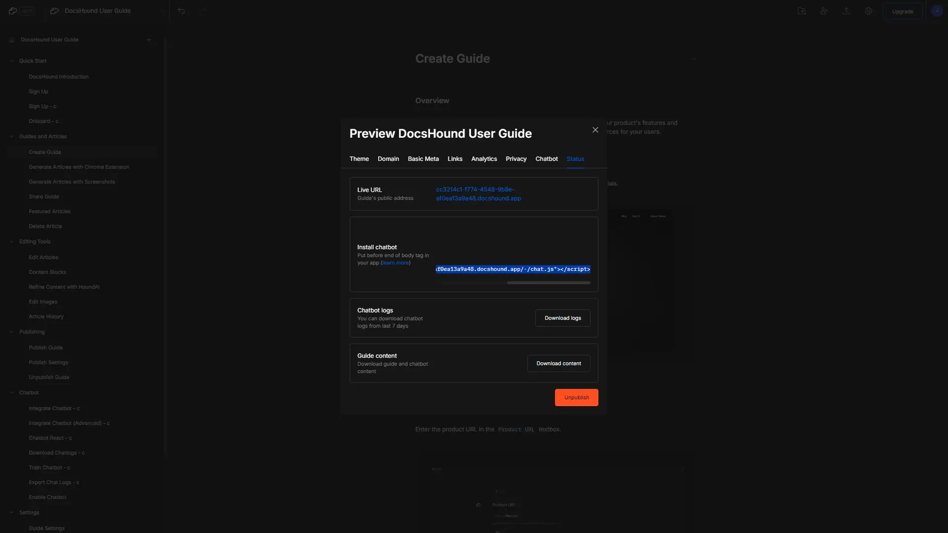 DocsHound Preview User Guide screen showing chatbot integration options.