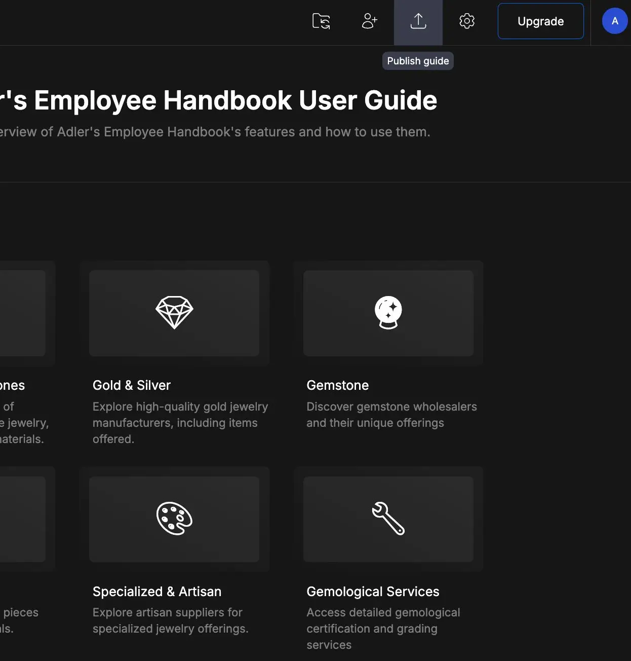 DocsHound interface showing Adler's Employee Handbook User Guide with jewelry categories.