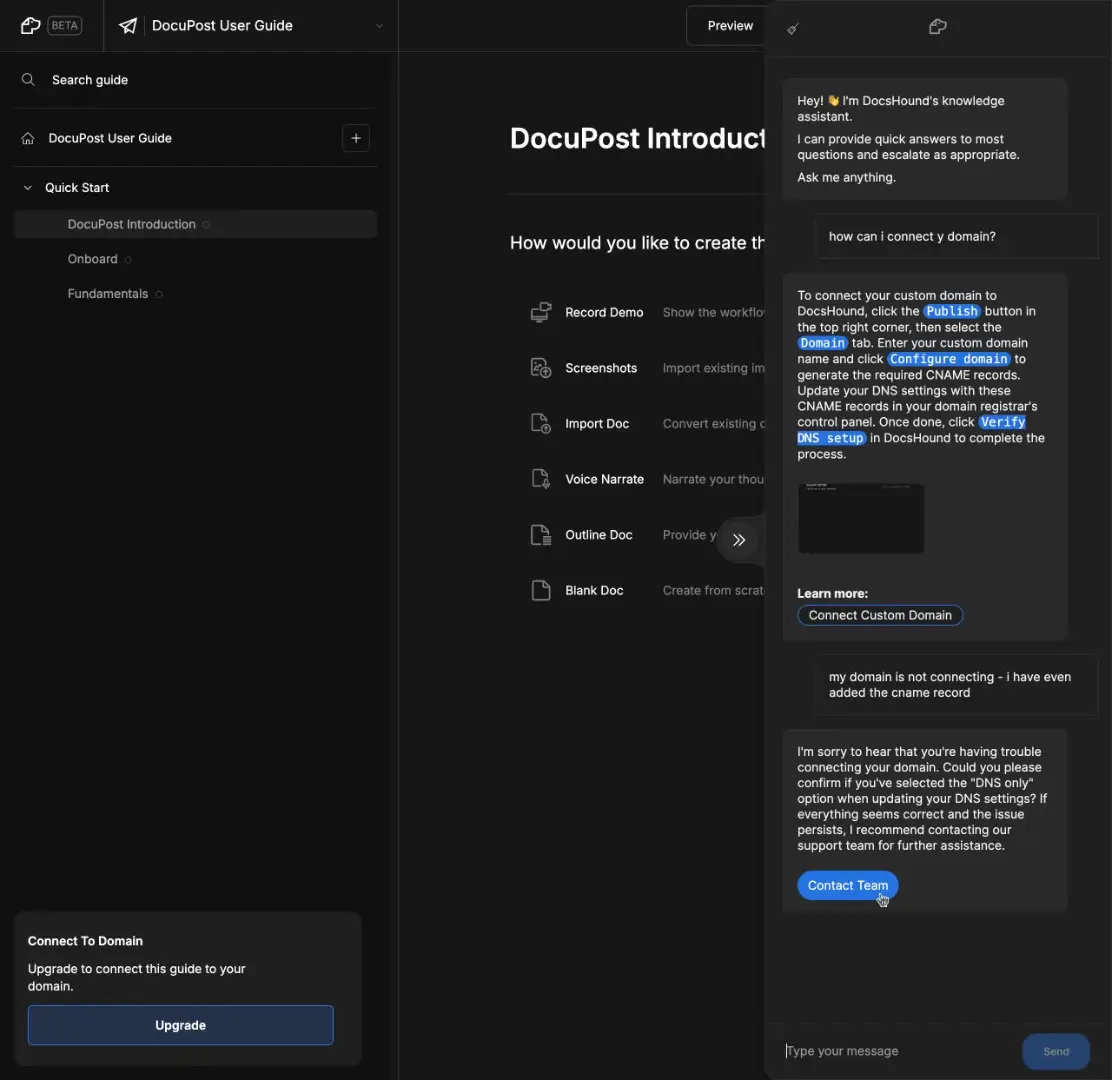 DocsHound Quick Start guide with chat support for domain connection issues