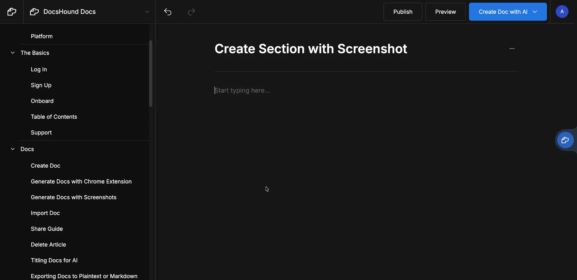 The screenshot shows the DocsHound interface, specifically the "Create Section with Screenshot" page, where the user can start typing to create a new section.