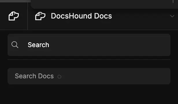 The screenshot displays the DocsHound interface with a search bar. Users can search for documentation within the platform.