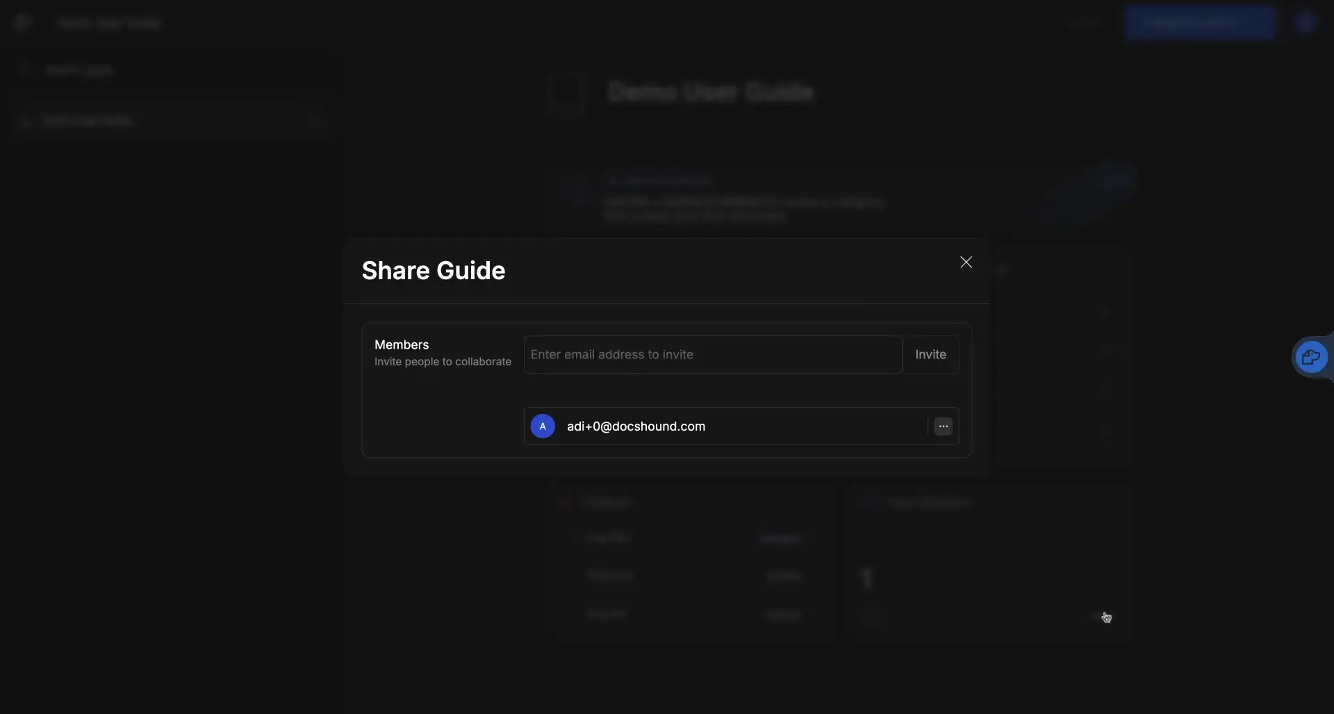 DocsHound Share Guide dialog box for inviting collaborators