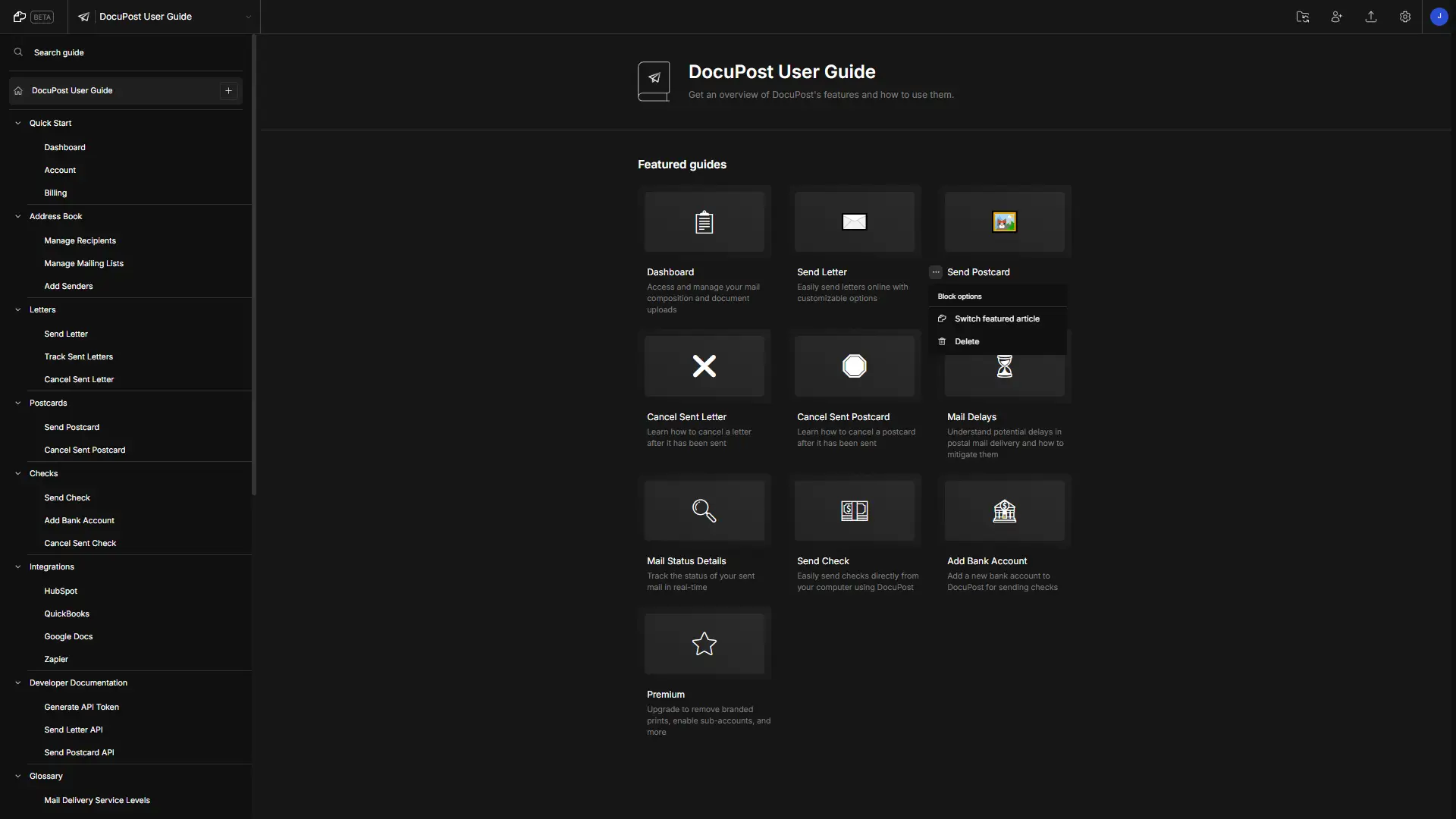 DocuPost User Guide interface with featured guides and navigation menu