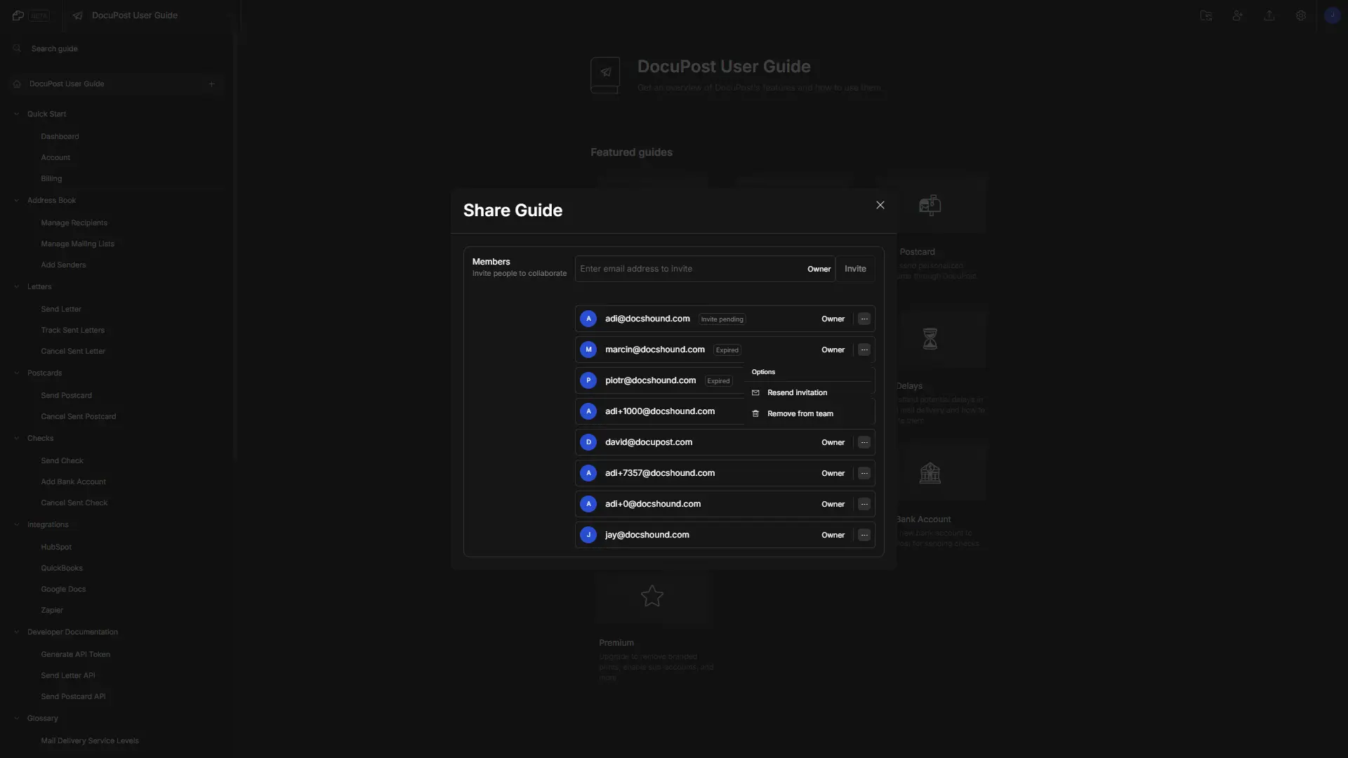 DocsHound Share Guide settings window with member management options.