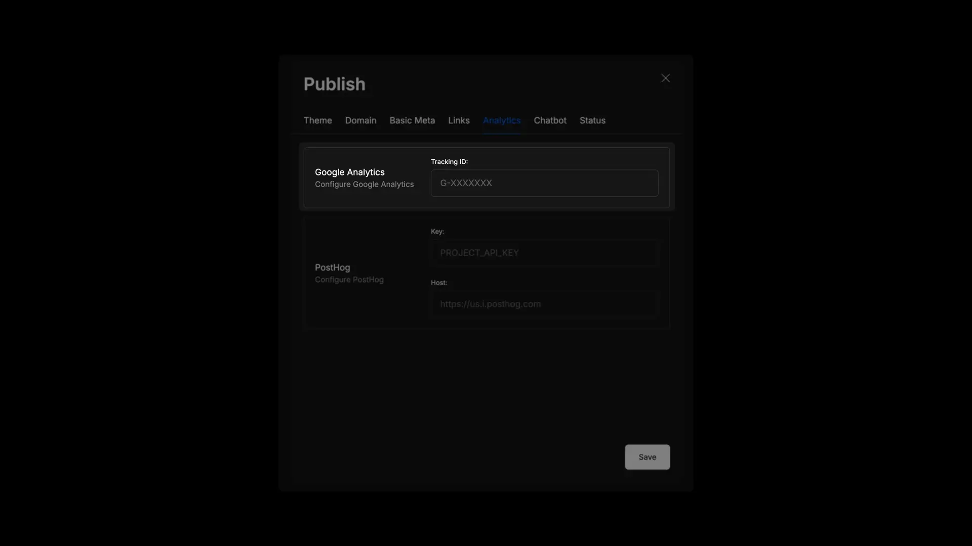 DocsHound Publish settings screen showing Analytics configuration for Google Analytics and PostHog.