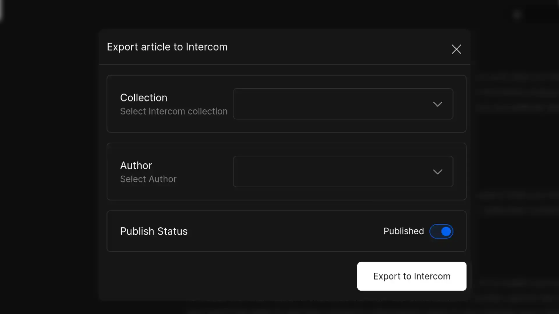 DocsHound Export Article to Intercom interface with options for collection, author, and publish status.