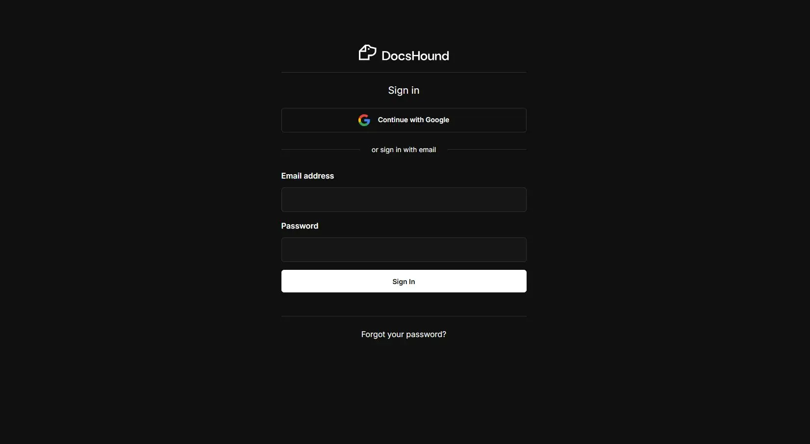 DocsHound sign-in page with options for Google sign-in and email login.