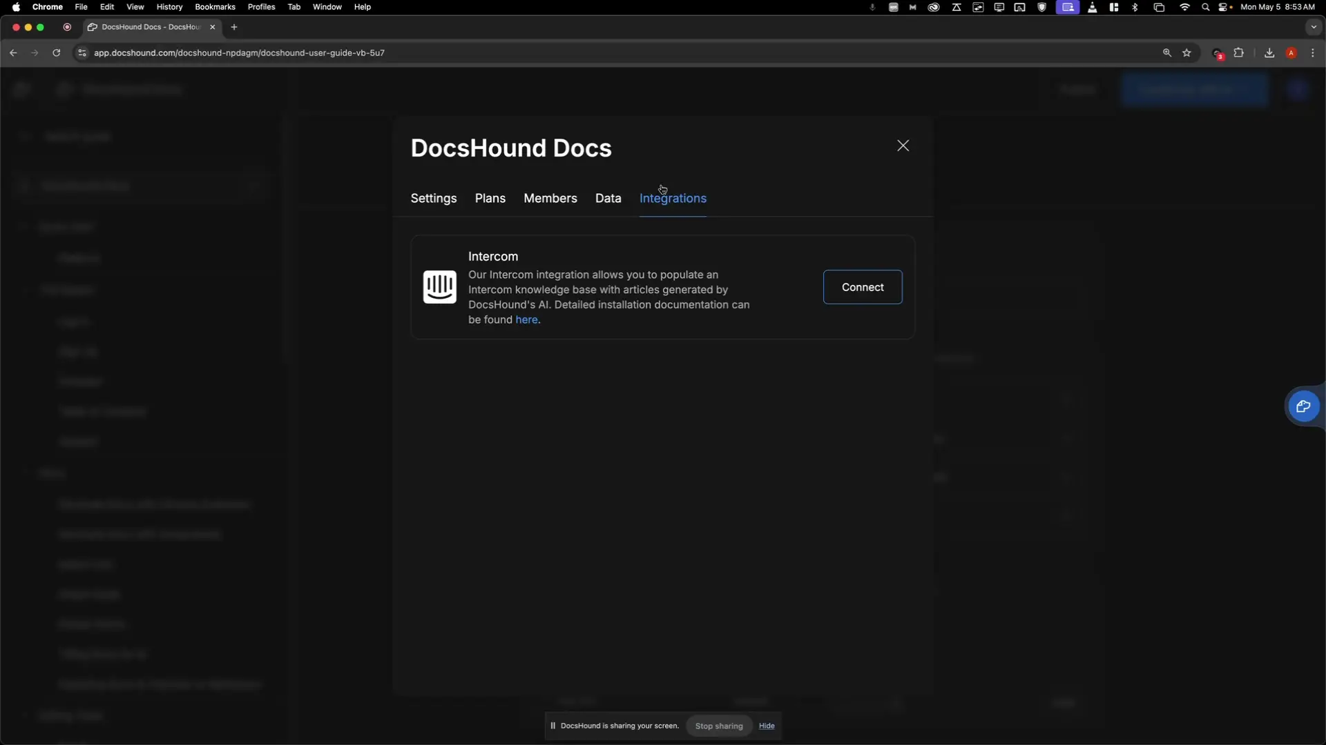 DocsHound Docs Integrations tab showing Intercom integration option.