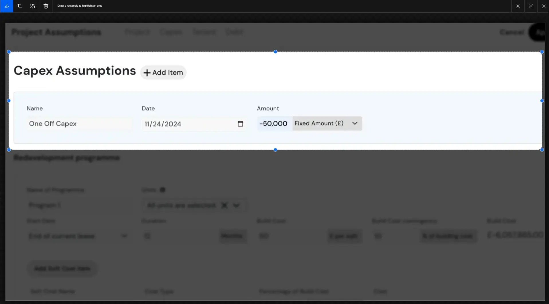 Capex Assumptions section in project assumptions interface