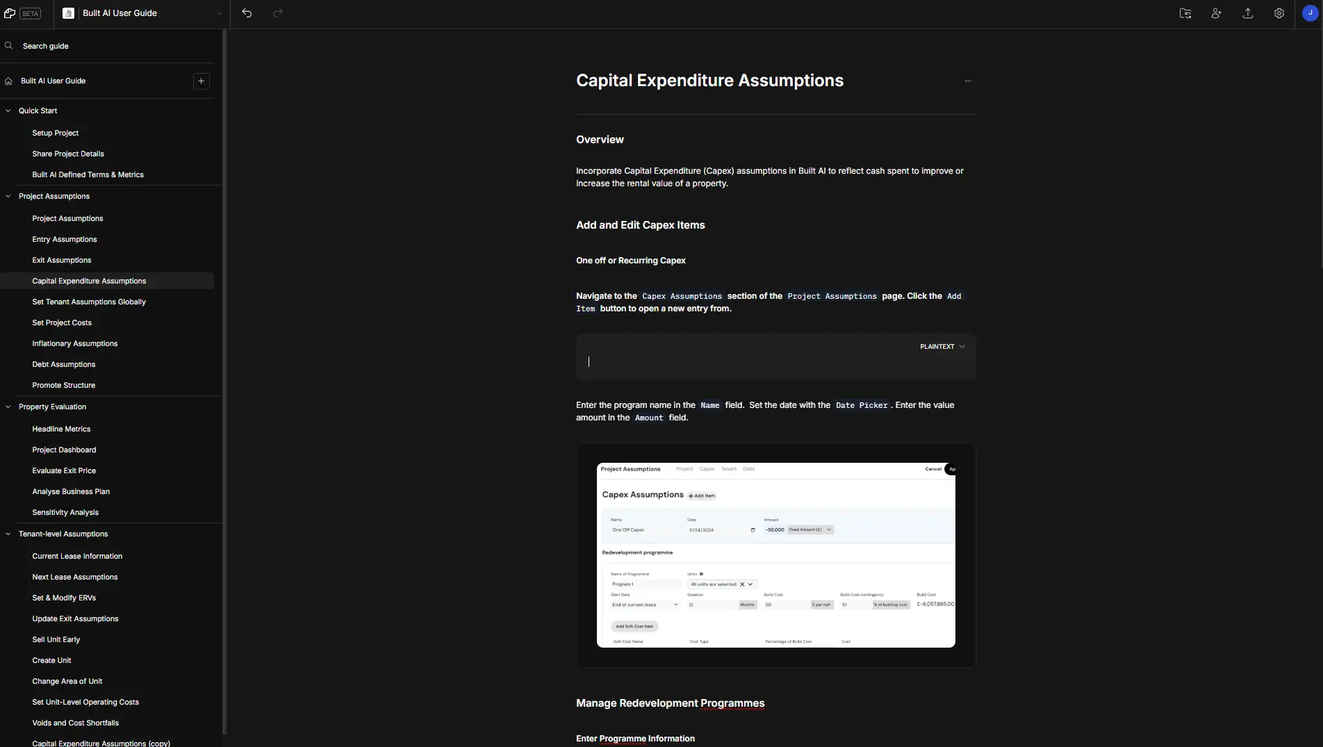 DocsHound user guide showing Capital Expenditure Assumptions section with navigation menu and content details.