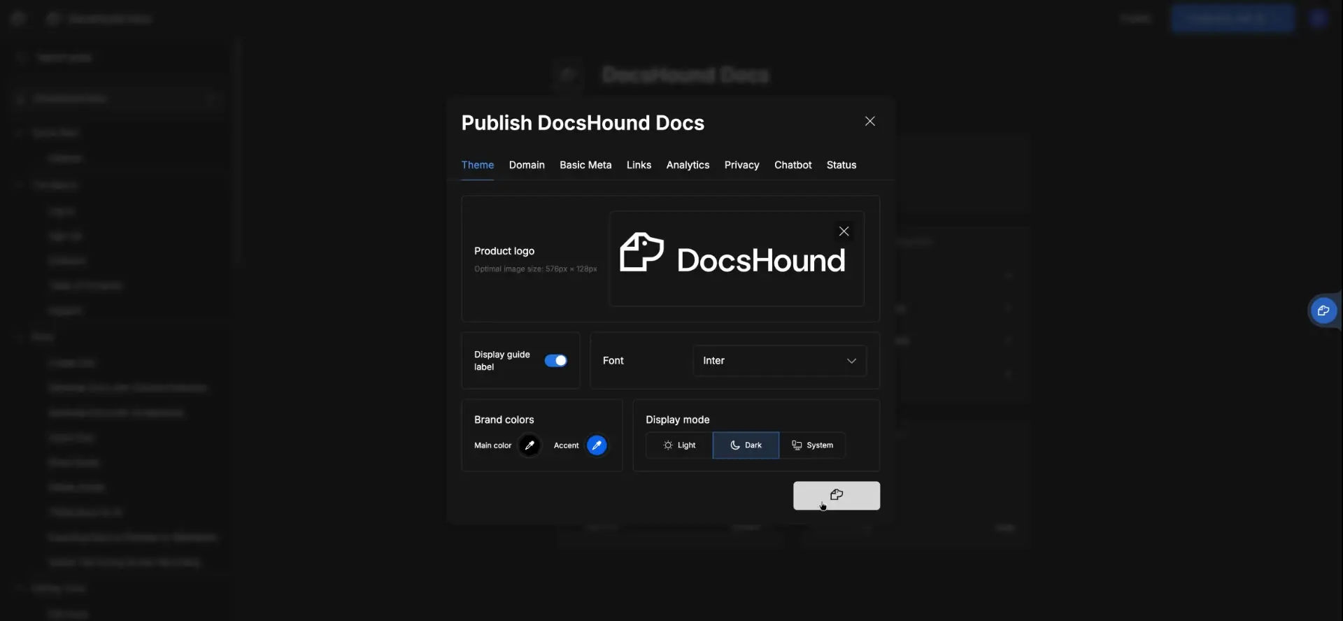 The user is in the process of publishing their documentation, as indicated by the "Publish DocsHound Docs" modal. They are customizing the theme settings before publishing.