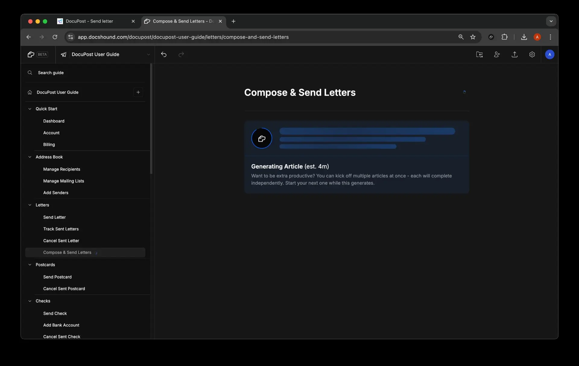 DocsHound Editor - Compose & Send Letters screen with article generation in progress