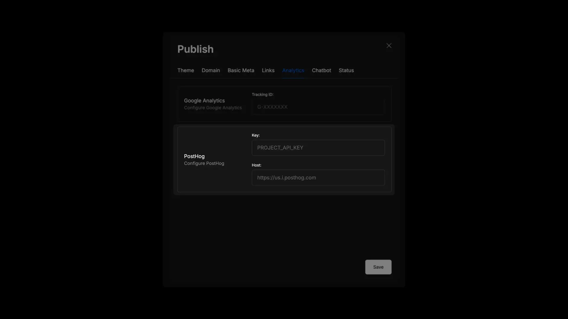 DocsHound Publish settings screen showing Analytics configuration for Google Analytics and PostHog.