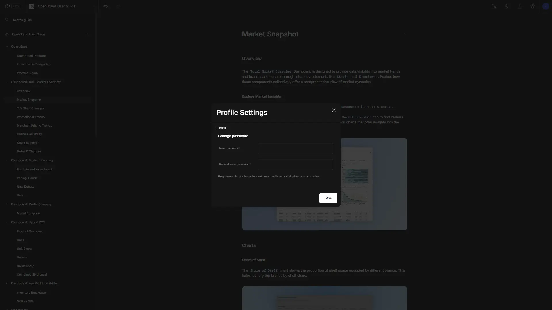 DocsHound Profile Settings screen for changing password in Market Snapshot section.