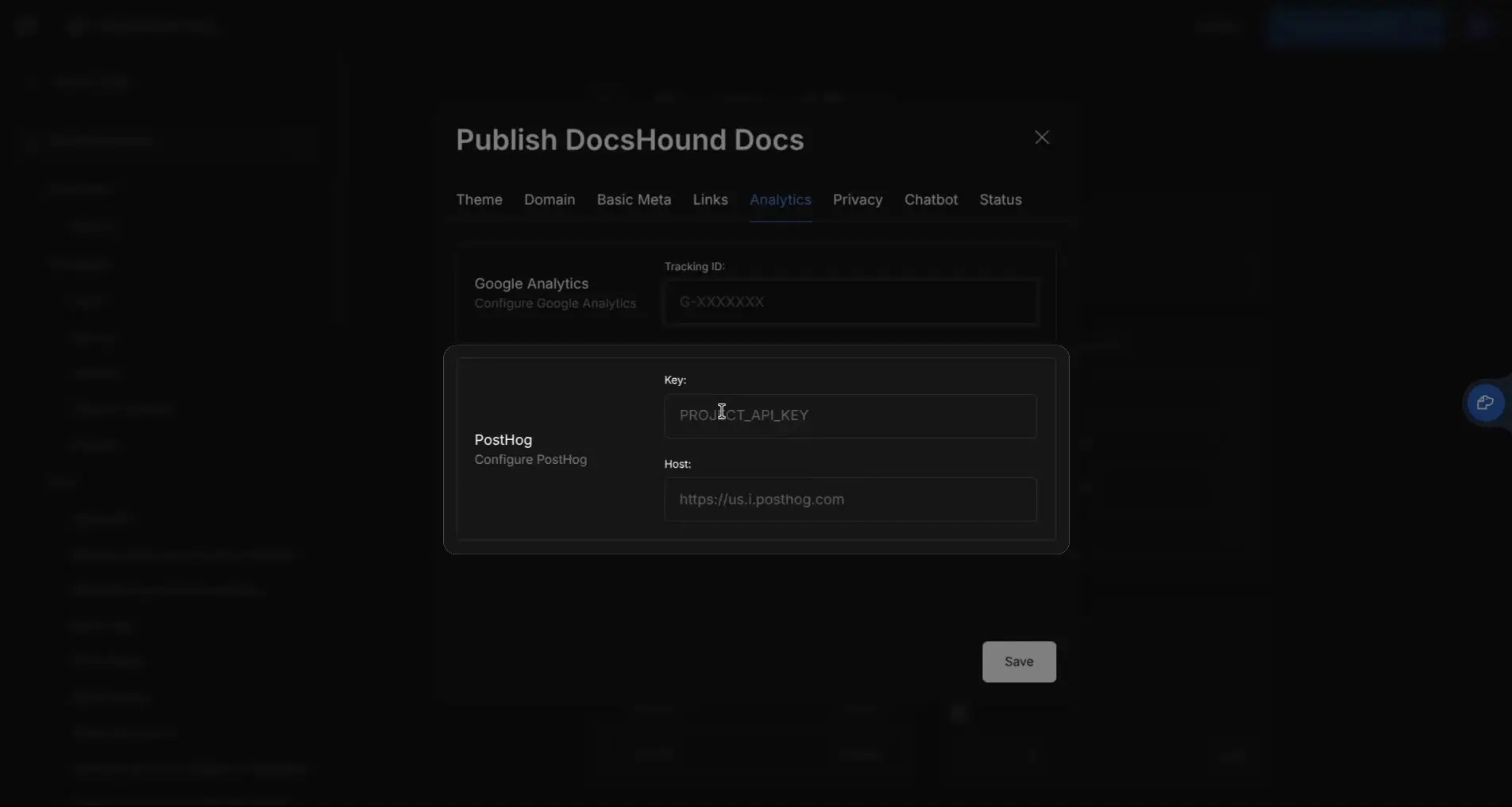 Publish DocsHound Docs - Analytics settings screen